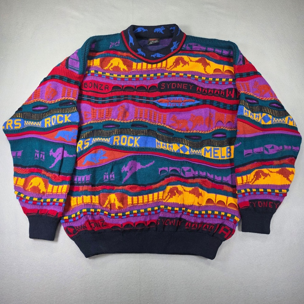 Hysport Australia Vintage 3D Knit Wool Sweater Multi Color Kangaroo Mens 18 L